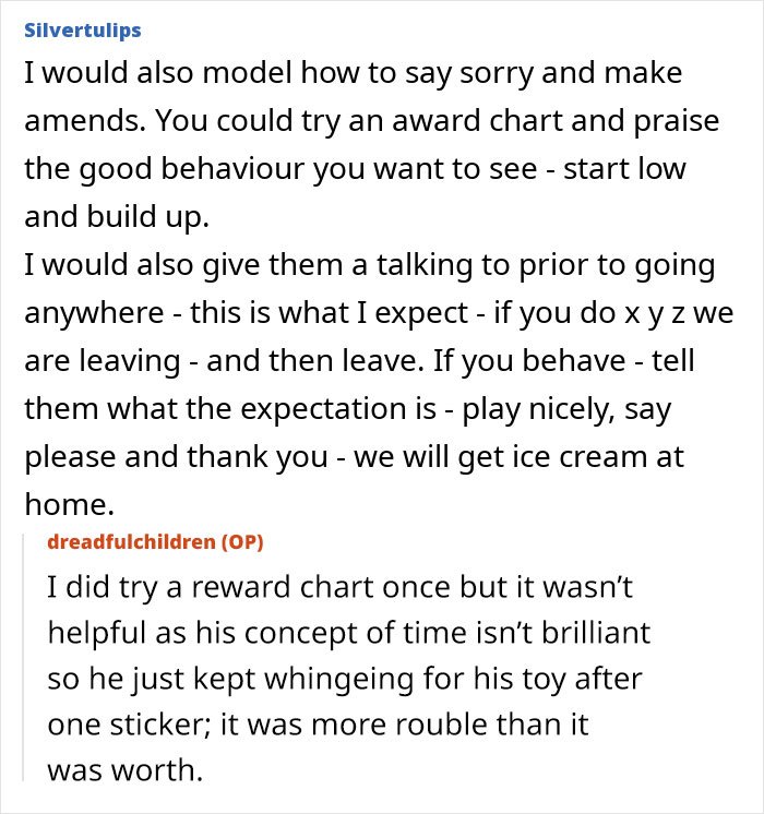 Alt text: Online discussion about a mom not liking how her kids act and seeking advice on managing behavior issues.