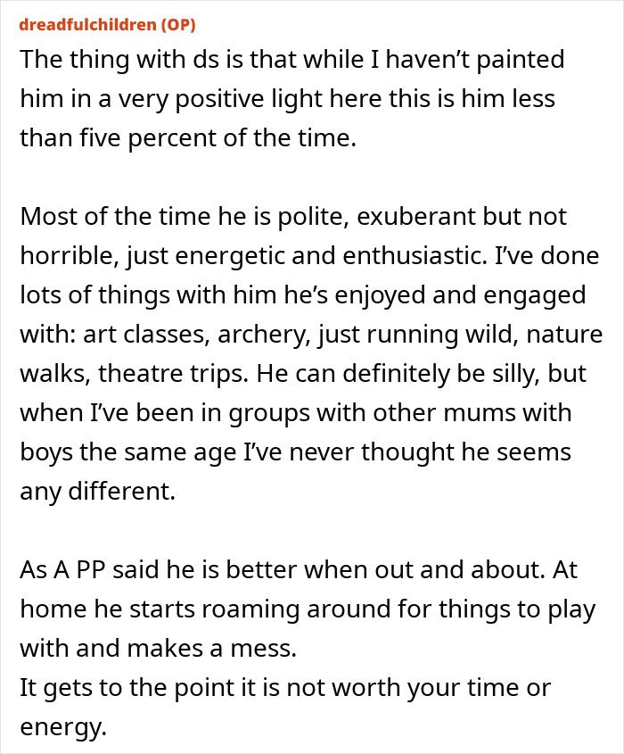Text post by a mom discussing her kid's behavior, sharing experiences about energetic, exuberant but sometimes challenging actions.