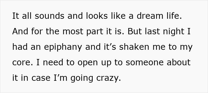 Text excerpt showing a man struggling with prioritizing work over family, feeling shaken and needing to open up.