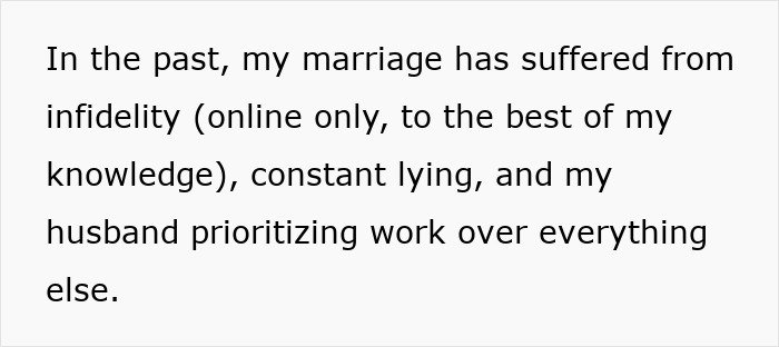 Text excerpt highlighting husband prioritizing work over family, causing marriage struggles with trust and lies.