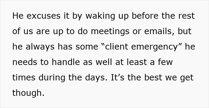 Text about a man prioritizing work with client emergencies, ignoring family time while his wife wants to stay.