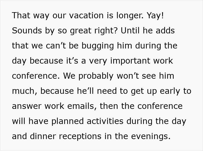 Text discussing a man prioritizing work during a conference, ignoring his family despite his wife wanting to stay connected.
