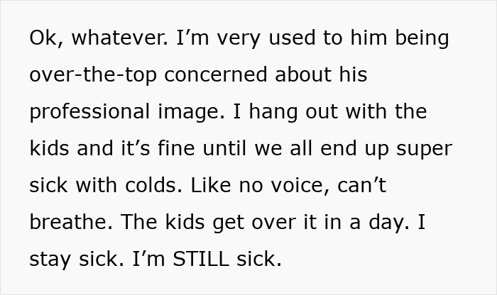 Text excerpt discussing a man prioritizing work over family, while wife observes his behavior and wishes to stay.