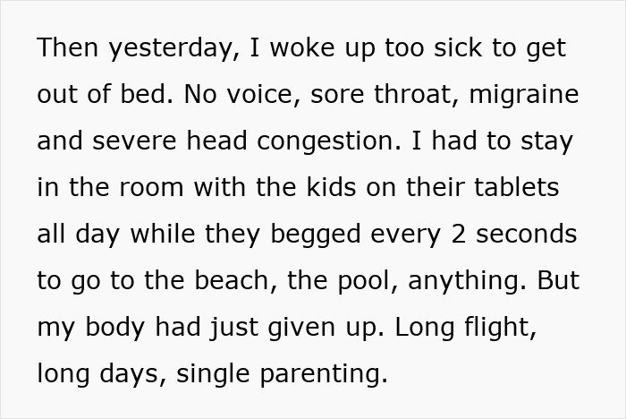 Text describing a man prioritizing work so much he pretends not to have a family while his wife wants to stay.