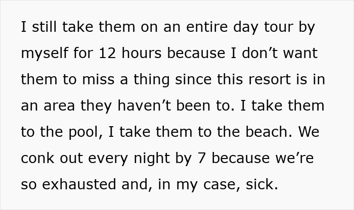 Text excerpt showing a man describing caring for family despite prioritizing work and feeling exhausted and sick.