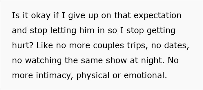 Text on a white background expressing doubt about giving up on a relationship and losing intimacy due to work prioritization.