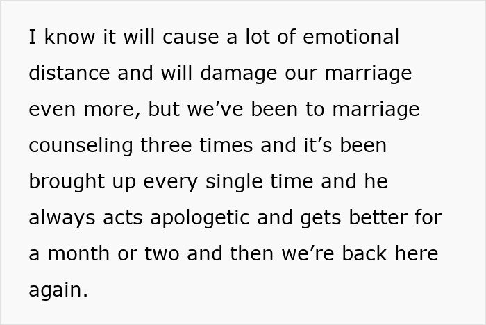 Text about a man prioritizing work, causing emotional distance and marriage challenges, with counseling efforts noted.