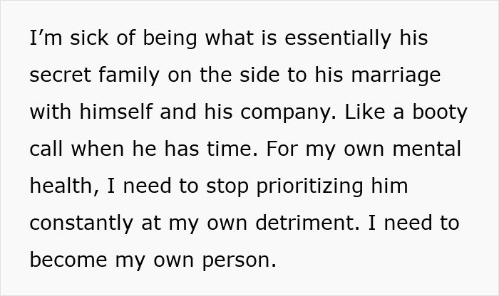 Text expressing frustration about a man prioritizing work over family, affecting mental health and relationships.