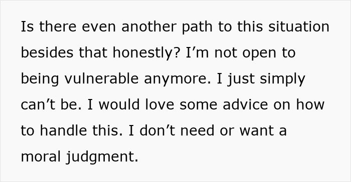Text expressing struggle with vulnerability, seeking advice on handling work and family priorities without judgment.