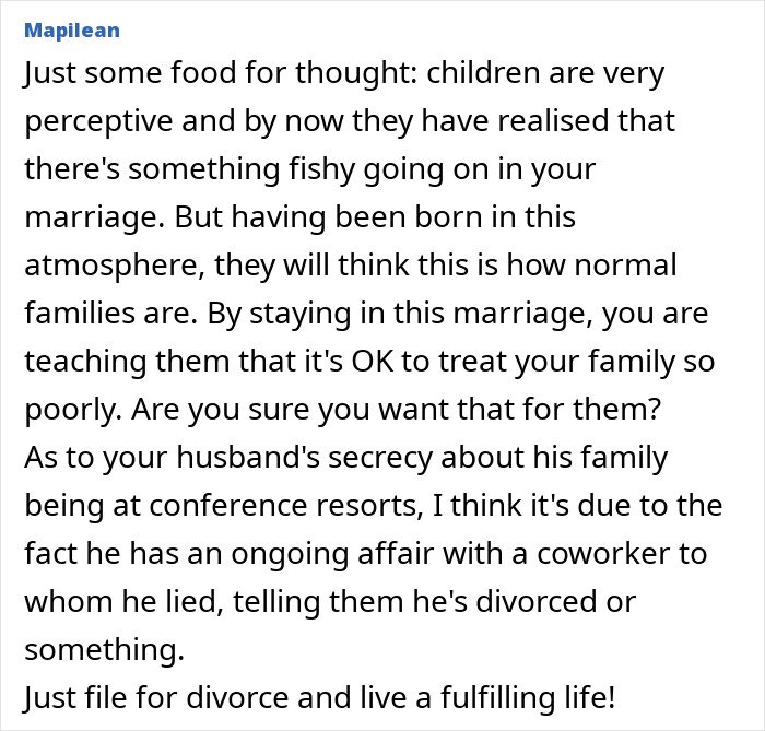 Alt text: Man prioritizes work over family, pretending not to have one, while wife is aware and wants to stay in the marriage.