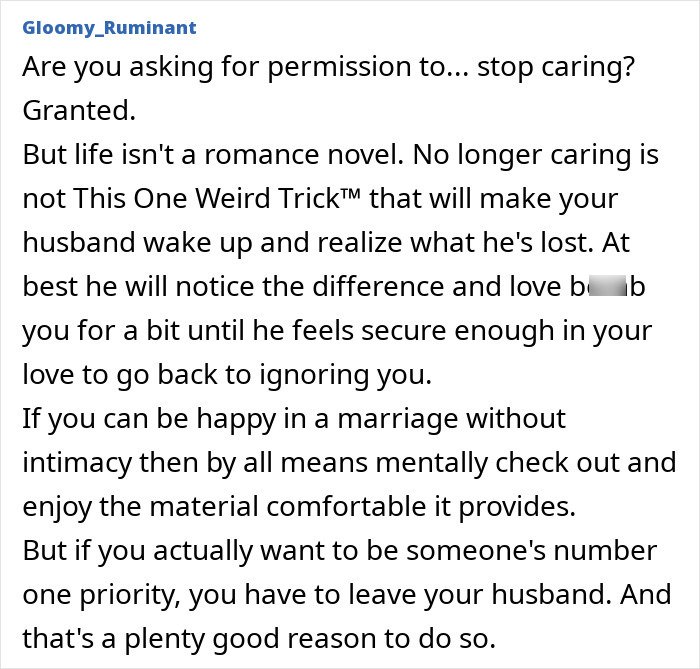 Text excerpt discussing a man prioritizing work over family and the wife's awareness of his behavior.