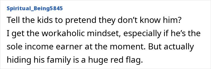 Screenshot of a forum comment discussing a man prioritizing work and pretending to not have a family, with concerns raised by his wife.