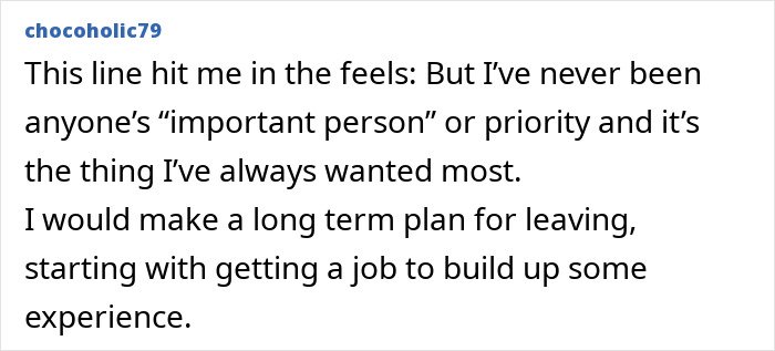 Text post discussing feelings of not being a priority and making a plan to leave by gaining job experience.