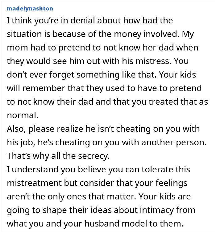 Comment discussing a man prioritizing work and pretending not to have a family, while his wife knows and wants to stay.