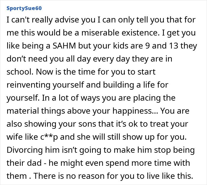 Comment about a man prioritizing work over family, wife aware and wanting to stay despite his behavior.