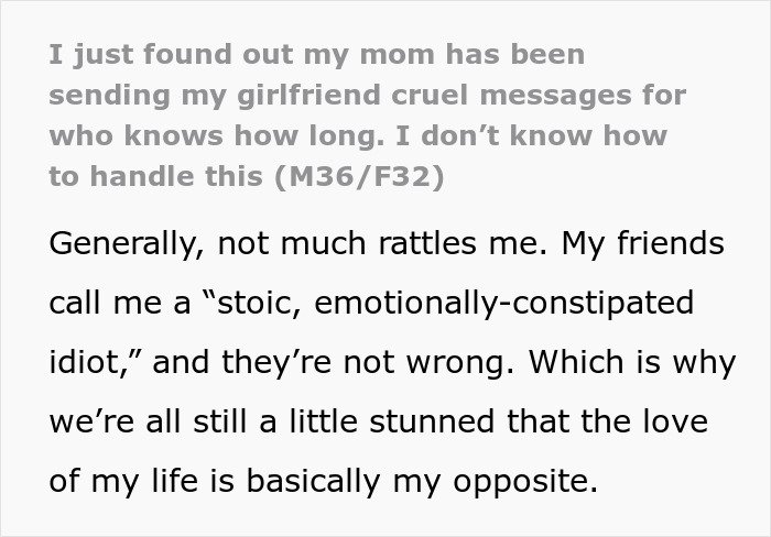 Text revealing man cuts ties with his mother after she sends cruel messages to his girlfriend, showing true colors.