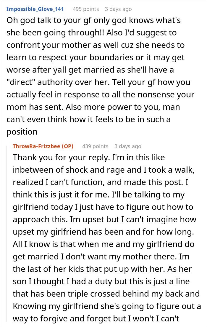 Reddit user discusses man cutting ties with mother after she reveals true colors through texts to his girlfriend.