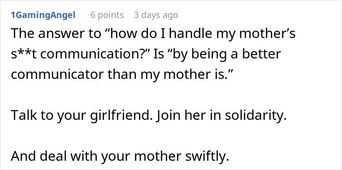 Text message on a screen about handling difficult communication and cutting ties with mother after revealing true colors to girlfriend.