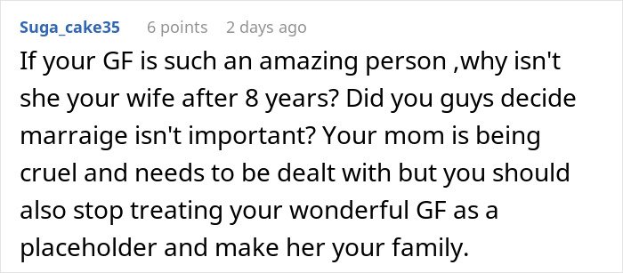 Screenshot of a Reddit comment discussing a man cutting ties with his mother after she reveals true colors through texts.