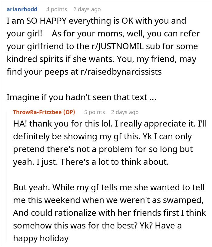 Reddit conversation about a man cutting ties with his mother after she reveals true colors in texts to his girlfriend.
