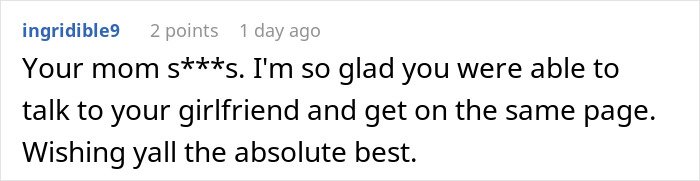 Screenshot of a Reddit comment supporting a man cutting ties with his mother after she revealed her true colors to his girlfriend.