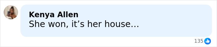 Screenshot of a Facebook comment by Kenya Allen saying She won, it’s her house, supporting Katy Perry in a legal dispute.