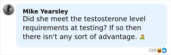 Comment by Mike Yearsley questioning testosterone levels and advantage in World's Strongest Woman competition controversy.