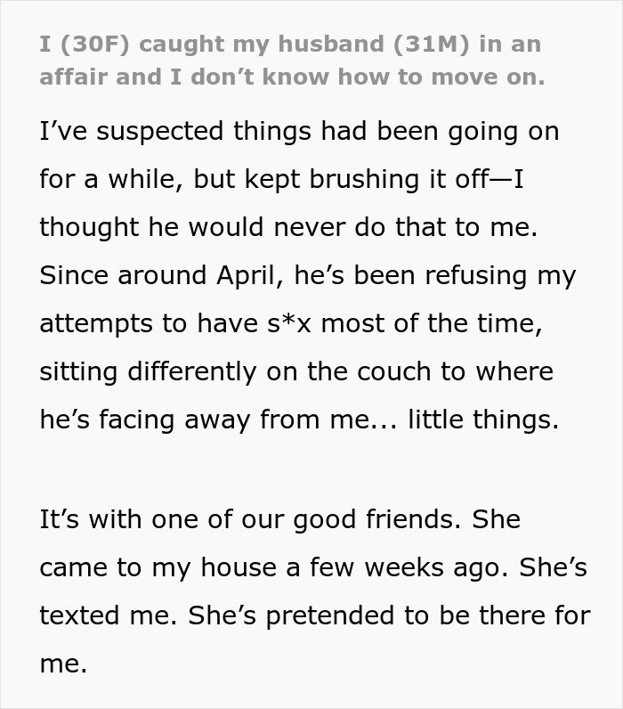Text screenshot showing a woman sharing her story about leaving her cheating husband and her inspiring 5 year update.