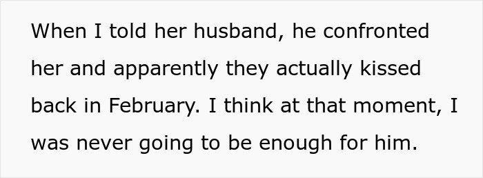 Text excerpt about a woman sharing her experience of not being enough after confronting her cheating husband.