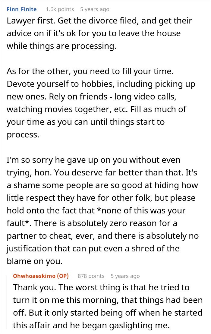 Supportive online discussion about a woman’s journey after leaving her cheating husband and overcoming emotional pain.