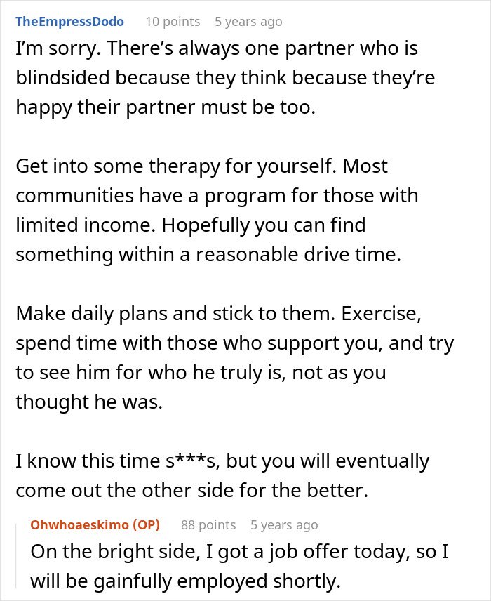 Screenshot of a supportive discussion about healing and therapy after leaving a cheating husband, sharing inspiring update.