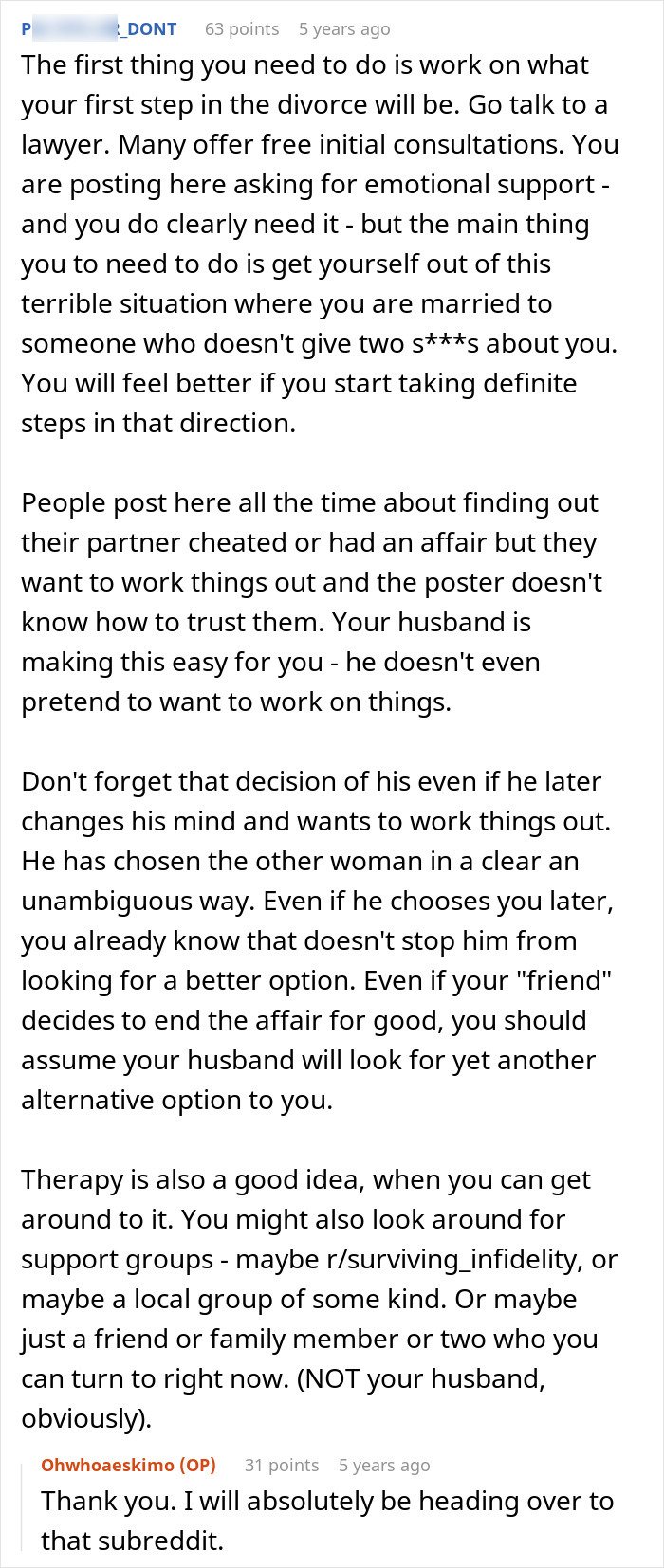 Alt text: Advice for a woman sharing an inspiring update after leaving her cheating husband and finding emotional support.
