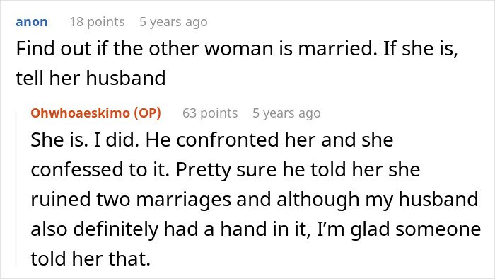 Screenshot of a conversation where a woman shares a 5 year update after leaving her cheating husband.