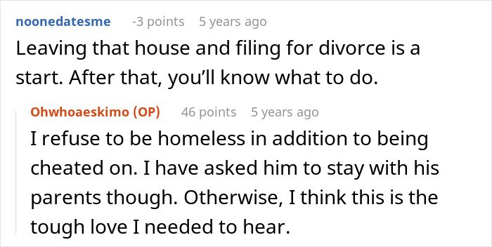 Text conversation about leaving a cheating husband and finding the strength to move forward after five years.