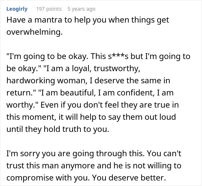 Screenshot of an online comment sharing an inspiring mantra from a woman overcoming a cheating husband.