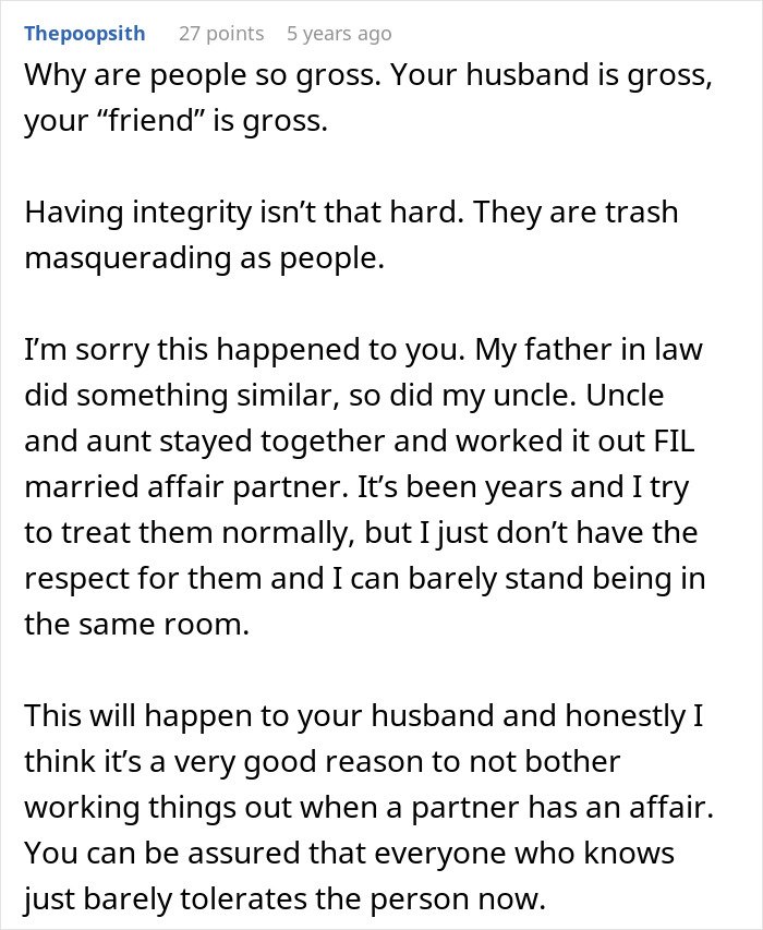 Screenshot of a comment discussing experiences after leaving a cheating husband and reflections on respect and integrity.