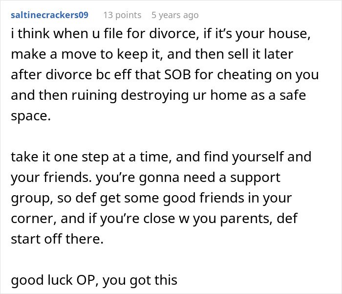 Alt text: Supportive advice in online comment about divorce and healing after cheating husband shared five year update