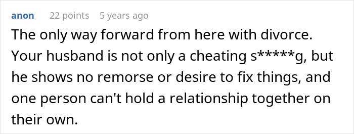 Comment text from a woman sharing an inspiring 5 year update after leaving her cheating husband about moving forward with divorce.