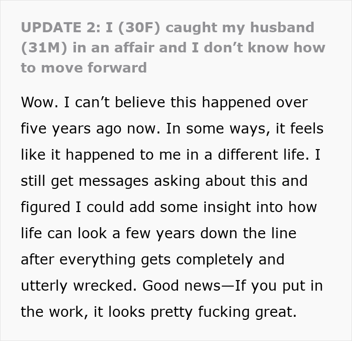 Text post sharing a five year update from a woman after leaving her cheating husband, reflecting on healing and growth.