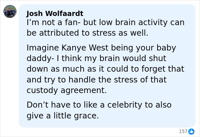 Comment discussing low brain activity linked to stress in relation to celebrity custody challenges and mental health.