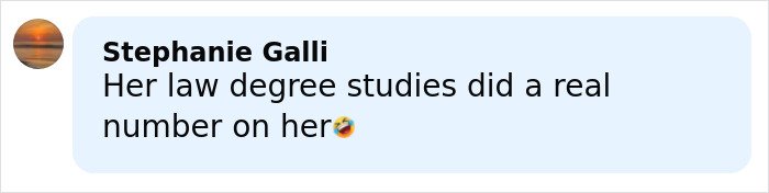 Stephanie Galli commenting on law degree studies impact, expressing humor with a laughing emoji.
