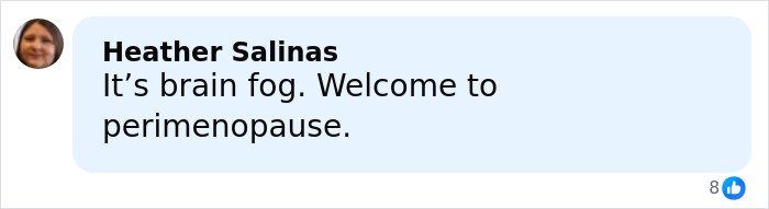 Comment by Heather Salinas discussing brain fog and perimenopause, related to low brain activity after scan.