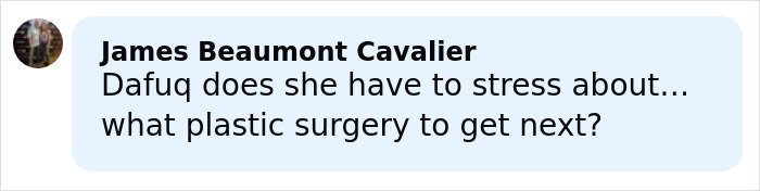 Comment text on a social media post expressing frustration about plastic surgery choices.