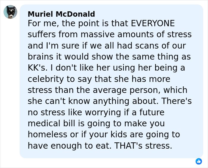 Comment discussing stress levels and brain scan results related to low brain activity claims in a celebrity context.