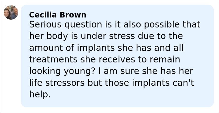 Comment by Cecilia Brown discussing stress from implants and treatments related to appearance and brain activity concerns.