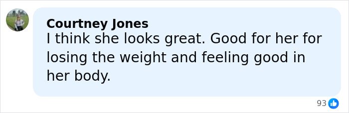 Screenshot of a comment praising Amy Schumer’s dramatic weight loss and positive body confidence.