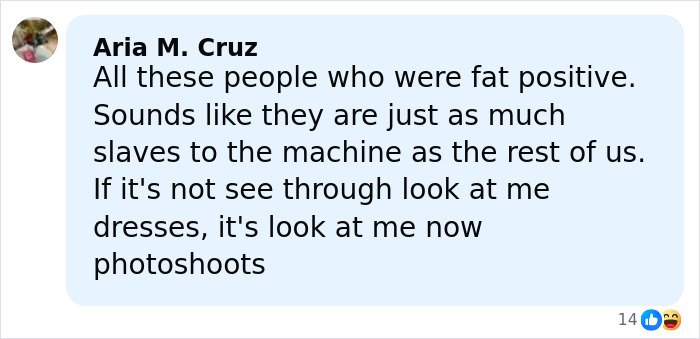 Comment by Aria M. Cruz criticizing the facade of weight loss and photoshoots in the context of dramatic weight loss.