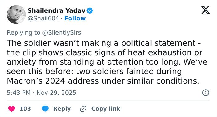 Screenshot of a Twitter post discussing French soldier's odd behavior behind Macron amid heat exhaustion concerns.