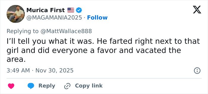 Screenshot of a tweet with a humorous reply about a French soldier’s odd behavior behind Macron sparking conspiracy theories.