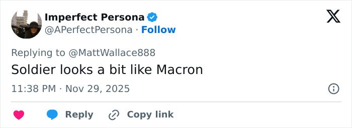 French soldier displaying odd behavior behind President Macron before abruptly leaving the stage during public event.